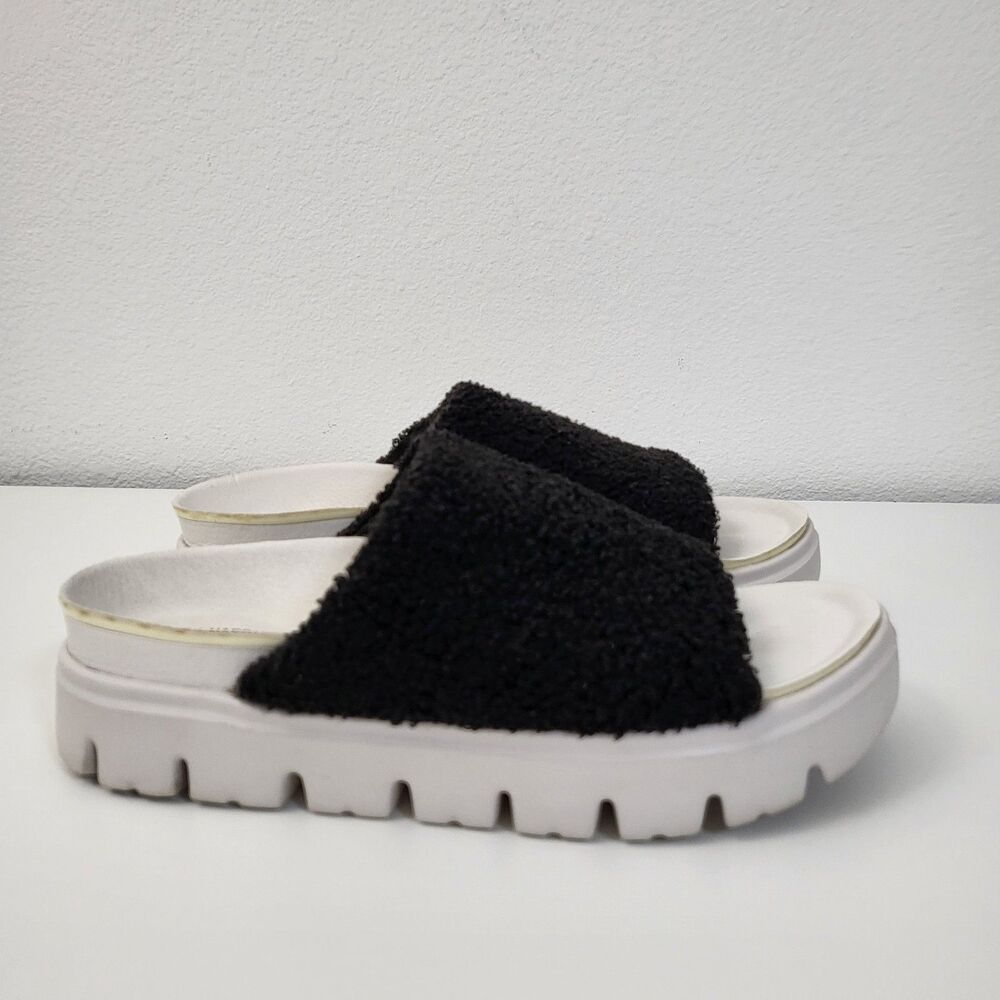 MARK NASON Platform Slides Womens 8 Black White Teddy Sherpa Fuzzy Chunky Comfy